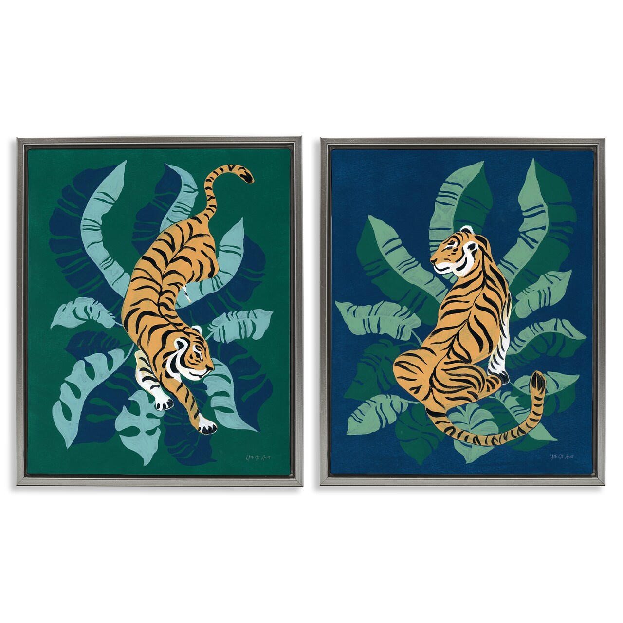 Stupell Industries Prowling Tiger Sitting Tiger Jungle 2 pc Framed Floater Canvas Wall Art Set Design by Yvette St. Amant